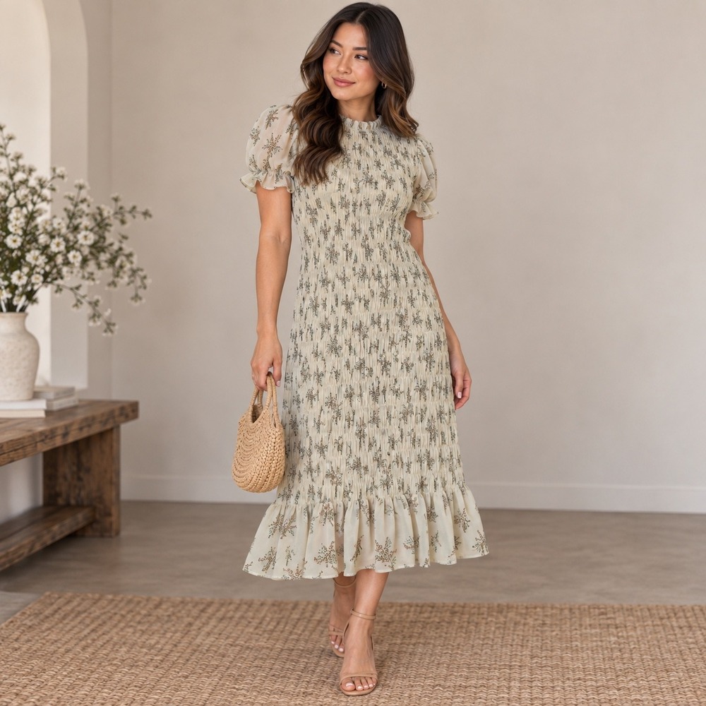 Reverse Floral Smocked Puff Sleeve Midi Dress Cream Brown Fall Medium NWT